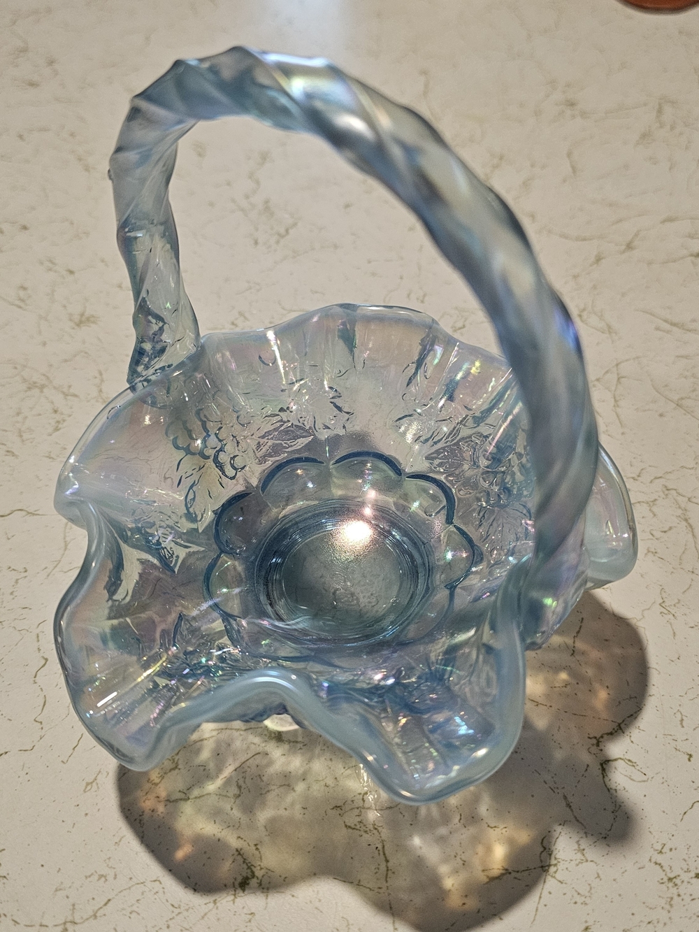 Iridescent Blue Glass Basket Fenton